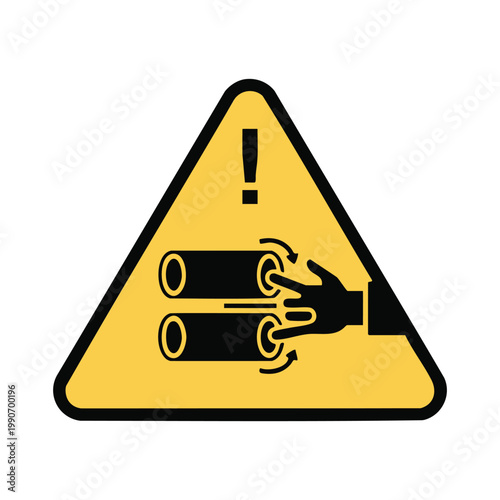 Nip point warning sign for hand injury risk between counter rotating rolls.