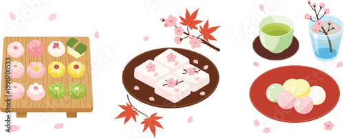 Japanese Wagashi Dessert Illustration Set with Sakura Sweets, Dango, Tea, and Traditional Confectionery for Cultural Food Design, Seasonal Spring Theme, and Menu Graphics