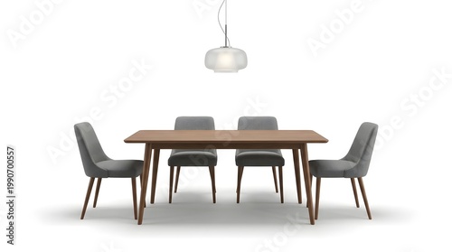 A modern dining set featuring a wooden table and four gray upholstered chairs illuminated by a pendant lamp