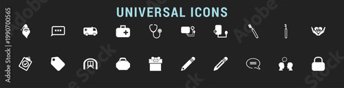 Universal icon set with media, device, and UI symbols on dark background. Minimal elements including battery, cloud, camera, chat, and tool icons. Clean outline vector collection for web and app inter