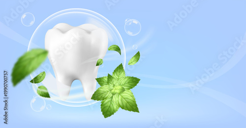 dental care illustration featuring a clean white molar tooth and healthy pink gums protected inside a transparent liquid shield herbal freshness.