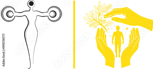 Minimalist vector illustration set with stylized human figures and hands for protection care and spiritual wellness concepts