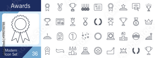 Minimal Line Awards and Achievement Icon Collection with Trophies Medals Certificates and Crowns.