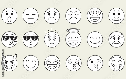 Set of simple line art emoji faces with various expressions for social media and messaging app interface design vector