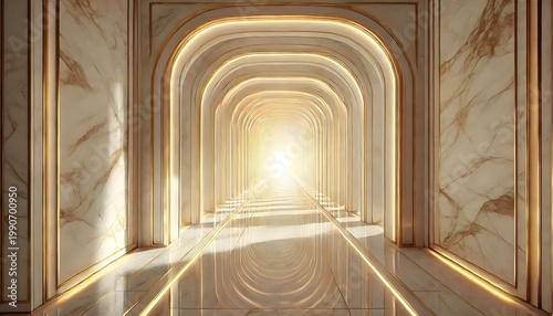 Luxury Marble Corridor with Golden Arches and Perfect Symmetrical Perspective Toward Bright Light
