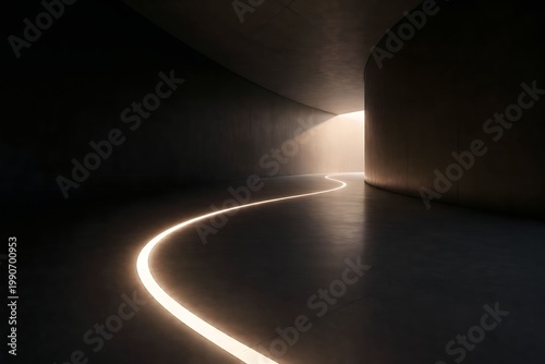Futuristic Curved Concrete Corridor with Guiding Light Path and Dramatic Natural Illumination