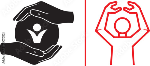 Vector illustration of protection and empowerment icons featuring hands cupping a person and a stylized figure with raised arms for charity and social support concepts