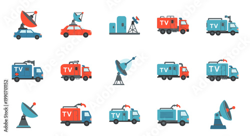 Set of Broadcasting Satellite TV Trucks and Communication Antennas, Flat Vector Illustration for Media Production and News Reporting Services