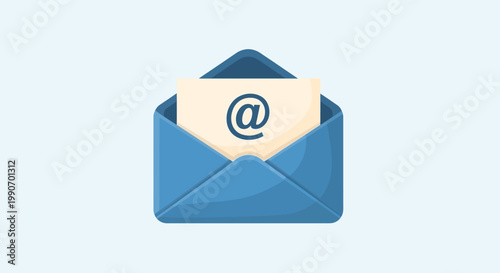 Flat design illustration of an open blue envelope with an @ symbol on a letter against a light blue and white background.