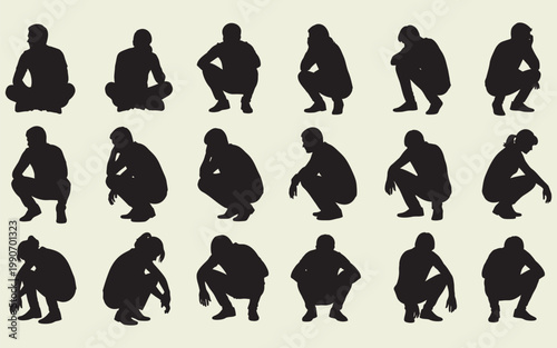 Collection of human silhouettes in squatting position representing deep thinking and contemplation poses as vector graphic elements