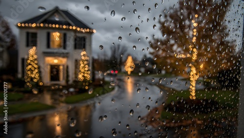 Cozy Holiday Home Exterior with Warm Lights Through Rainy Window