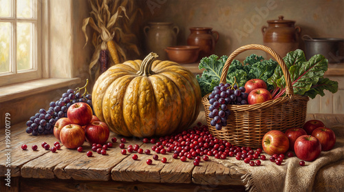 Autumn harvest pumpkin and berries rustic wooden table display with warm sunlight