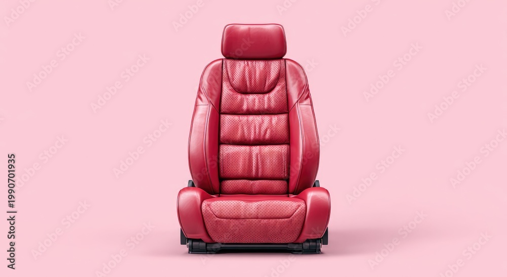 Fototapeta premium Luxurious red leather car seat with quilted stitching, set against a soft pink backdrop