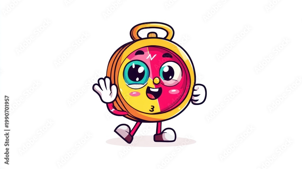 Fototapeta premium Cartoon clock character waving with a cheerful expression on white background