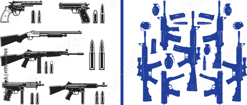 Firearms and weapons vector illustration set featuring silhouettes of pistols rifles shotguns and grenades for military or security themes