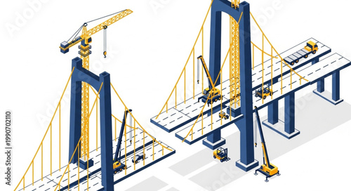 Construction Crane Tower Assembly with Workers and Equipment.