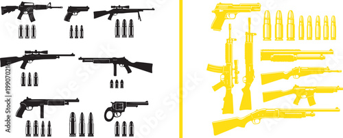 Vector silhouette collection of various firearms including rifles pistols shotguns and ammunition for military tactical and infographic design