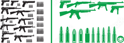 Vector silhouette collection of firearms and ammunition including pistols rifles and assault weapons for military and tactical design