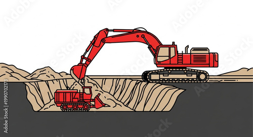 Construction Excavator Digging Earth in Mining Site.