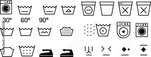 Collection of Essential Laundry Care Symbols and Clothing Instruction Icons Isolated on White Background for Washing Drying Ironing and Professional Garment Maintenance Labels