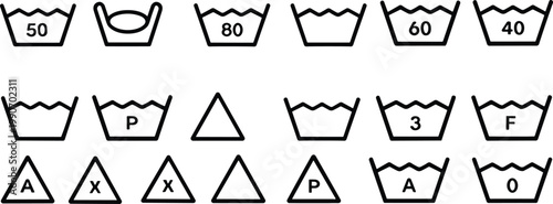 Set of Universal Laundry Care Symbols Featuring Water Temperature Washing Instructions Bleaching Icons and Fabric Maintenance Guide for Garment Product Labels Professional Design Use
