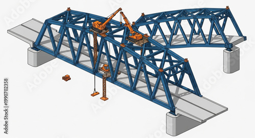 Construction of Large Blue Steel Bridge Framework.