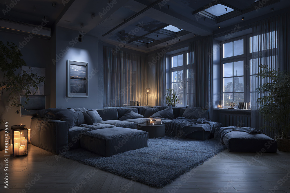 Fototapeta premium Cozy modern living room with large sectional sofa, soft rug, and ambient candlelight creating warm and inviting atmosphere during dusk in urban apartment