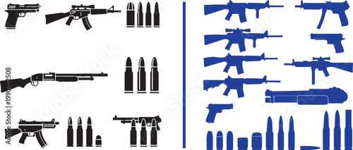 Vector illustration of firearms and ammunition silhouettes including rifles shotguns handguns and bullets for military or gaming design