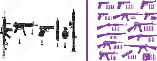 Weapon silhouettes vector set featuring assault rifles handguns grenades and ammunition for military and security graphics