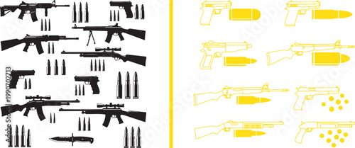 Firearm Silhouettes and Ammunition Vector Illustration Set Including Rifles Pistols and Shotguns for Military and Defense Design