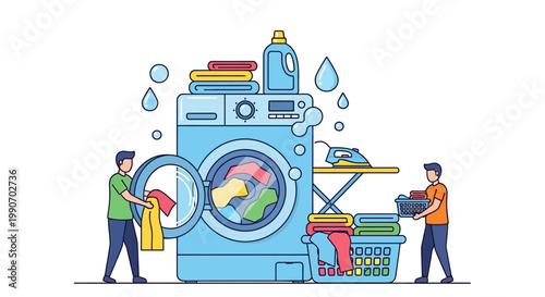 Two men doing laundry together.