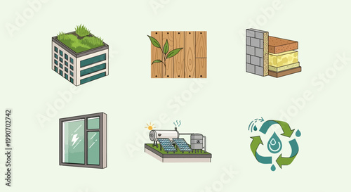 Flat lay icons depicting eco-friendly building materials and sustainable practices on a clean background with a green color scheme.