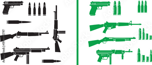 Vector silhouette collection of firearms and ammunition including pistols rifles and shotguns for military and security infographics