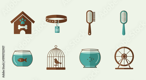 Pet Care Icons Set with Accessories.