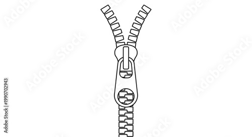 Detailed Zipper Puller and Teeth Fully Zipped Outline on Isolated White Background