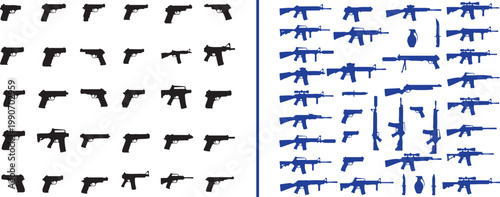 Gun silhouettes collection featuring pistols assault rifles shotguns and grenades vector illustration for military design