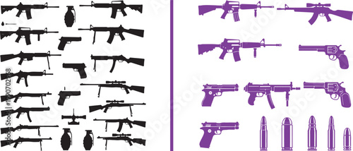 Collection of firearm silhouettes and icons including rifles, pistols, grenades, and bullets vector illustration