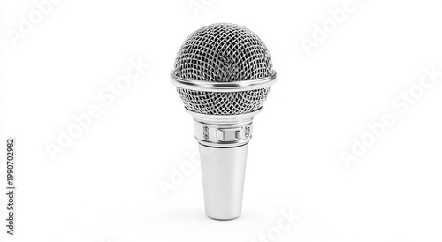 A classic silver microphone with a textured grille stands on a white background