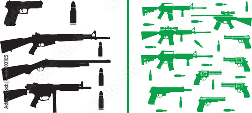 Collection of firearm silhouettes including rifles, pistols, and bullets in black and green vector illustration for military and defense design