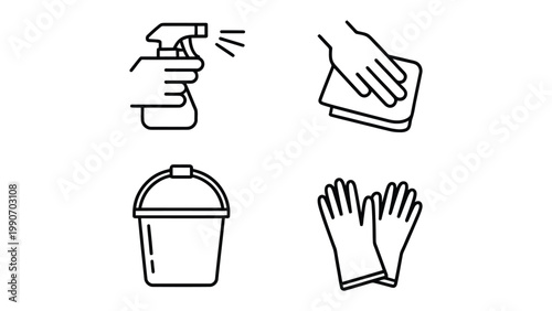 Cleaning Supplies: A set of essential cleaning tools, including a spray bottle, a cloth, a bucket, and gloves, ready for effective sanitization and cleanliness.