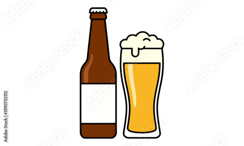 Beer bottle with blank label and foamy glass of lager