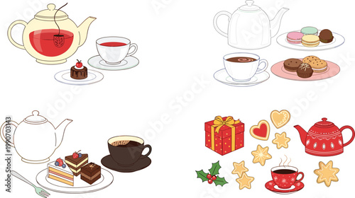 Tea Time Illustration Set with Teapot, Cup, Desserts, Cookies, and Gift Elements for Cafe Menu Design, Afternoon Tea Theme, and Cozy Lifestyle Projects