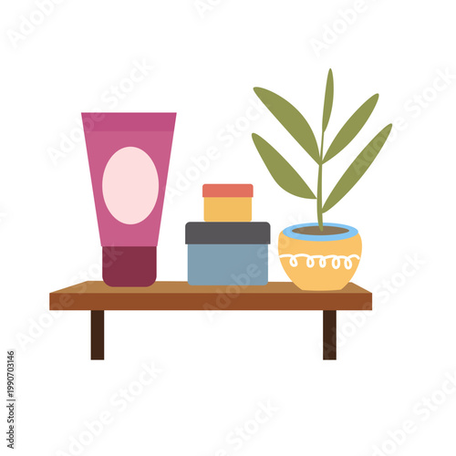 Flat vector illustration of a bathroom shelf with soap bottles, skincare containers, plant, and accessories. Clean and modern composition, perfect for hygiene, home interior, and lifestyle themes.