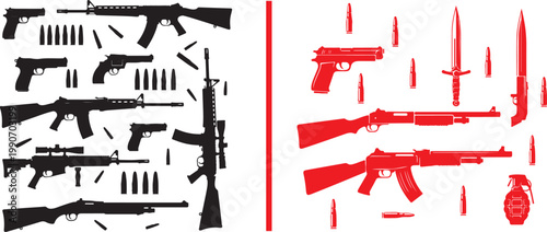 Vector illustration of firearms and weapons silhouettes including rifles handguns ammunition and grenade for military and defense design