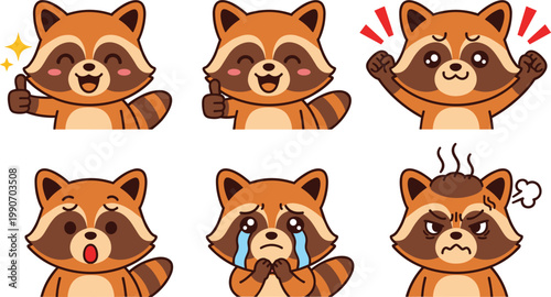 Cute Kawaii Raccoon Character Expression Set with Various Emotions Including Happy, Sad, Angry, and Excited for Digital Stickers, Messaging Apps, and Childrens Media