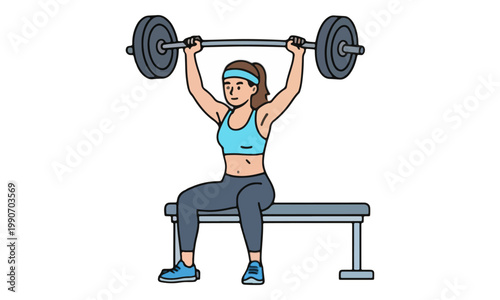 Woman performing seated overhead barbell press on gym bench
