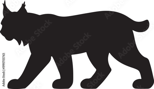 Black silhouette of a wild bobcat or lynx walking isolated on a solid white background Vector
