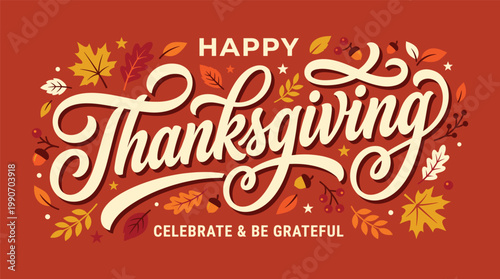 Warm happy thanksgiving calligraphy greeting card with autumn leaves on orange backgrounds