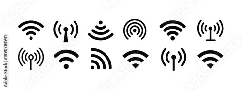 Minimalist wifi icon set with 12 wireless signal symbols, black radio wave vector elements, internet connection and network hotspot signs