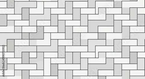 Abstract geometric pattern of interlocking rectangular and L-shaped blocks in grey and white
